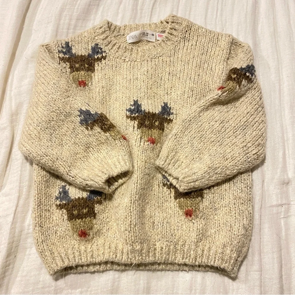ZARA baby boys girls oatmeal reindeer knit sweater holiday winter warm 12-18m